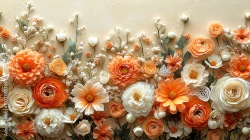 Floral border arrangement with vibrant orange and soft white flowers, intertwined with delicate lace, set against a warm, textured beige background. Perfect for announcements or invitations.