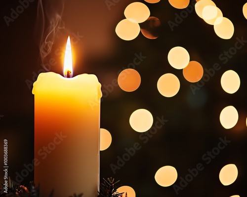 Close-up of candlelight flame on Christmas eve, dancing light patterns, warm orange glow, subtle smoke wisps