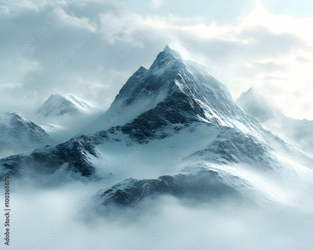 Snowy Mountain Peak Emerging from the Clouds - 3D Illustration Snowy Mountain Peak Emerging from the Clouds - 3D Illustration