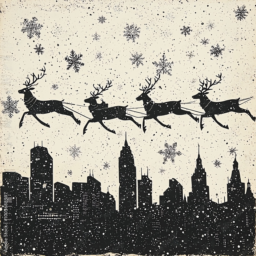 Obraz premium Intricate snowflake patterns surrounding the silhouette of Santa's sleigh and reindeer flying over a cityscape