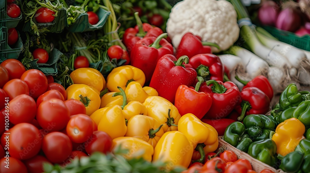 Assorted fresh vegetables including peppers, tomatoes, and cauliflower at a vibrant market. Assorted fresh vegetables including peppers, tomatoes, and cauliflower at a vibrant market.