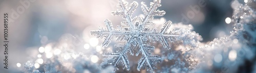 A close-up of a delicate snowflake glistening in soft winter light, showcasing intricate patterns and a serene atmosphere.
