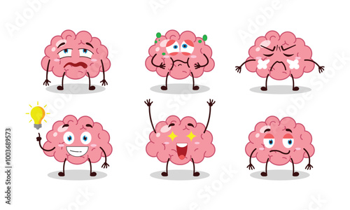 funny brain cartoon with different expressions vector illustration