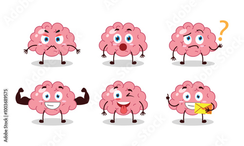 funny brain cartoon with different expressions character vector illustration