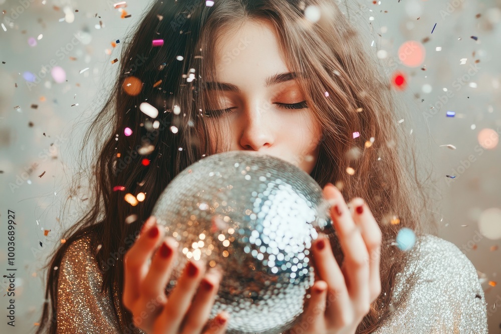 Naklejka premium Fashion girl holding disco ball with confetti