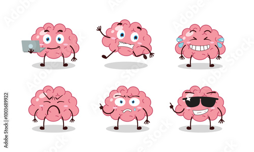 funny brain cartoon character with many pose activity vector illustration