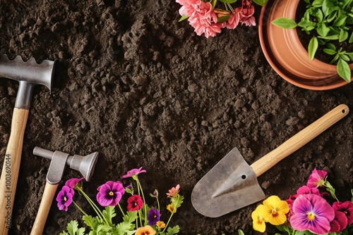 Flowers, gardening tools on soil background. Green plants, potting equipment on earthy ground. Various flowers like hyacinth, pansy, ranunculus grow in garden. Gardener tools as rake, shovel, photo