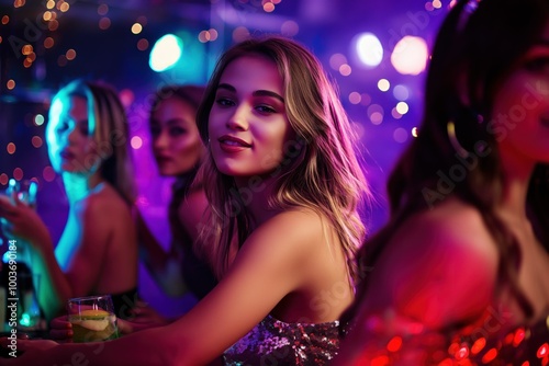 Young woman dancing in a night club. She is surrounded by colorful confetti, flashing lights, and a lively crowd. Her stylish outfit and carefree expression complete the festive atmosphere. photo