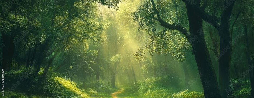 Obraz premium A tranquil forest scene with a lone figure walking through sunlit greenery, showcasing nature's beauty and serenity.