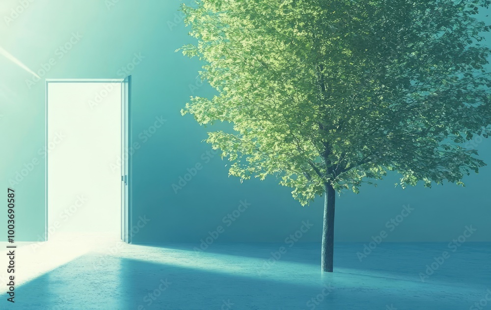 Obraz premium A serene figure steps through a glowing door into a bright, ethereal landscape, symbolizing opportunity and new beginnings.