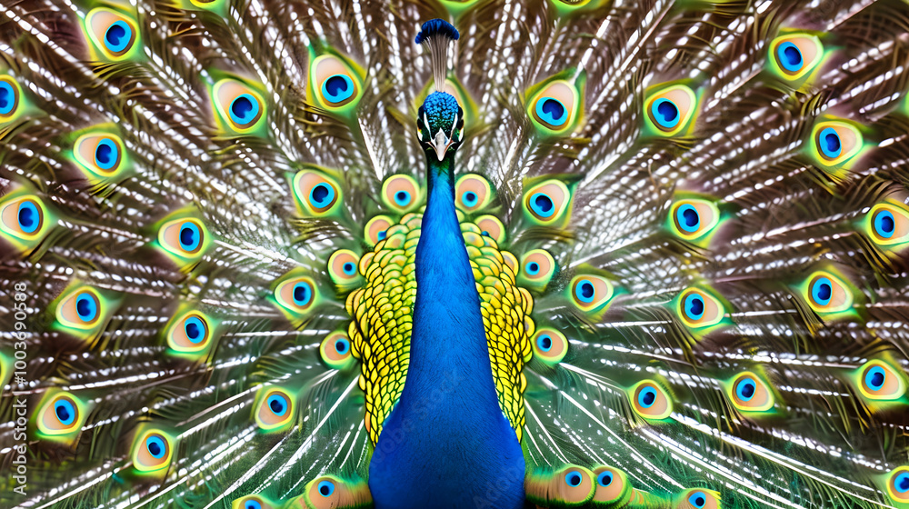 Obraz premium A stunning peacock struts proudly, showcasing its colorful and majestic feathers in full glory.