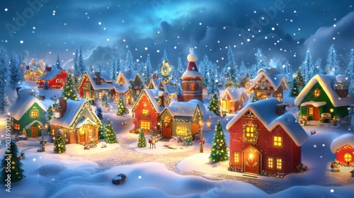 3D cartoon Christmas village with colorful houses,