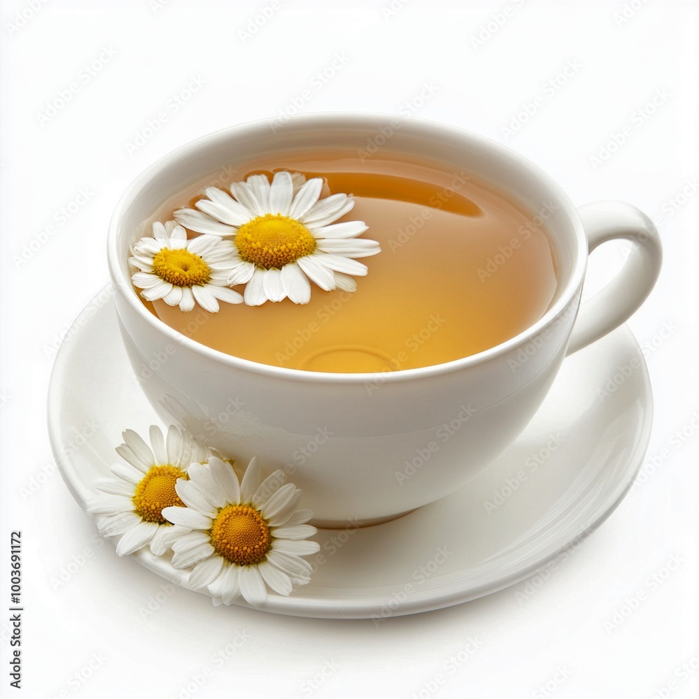 A delightful cup of chamomile tea with fresh daisies floating on top. The white porcelain cup adds elegance. Perfect for relaxation and wellness. Discover nature in your drink. AI A delightful cup of chamomile tea with fresh daisies floating on top. The white porcelain cup adds elegance. Perfect for relaxation and wellness. Discover nature in your drink. AI