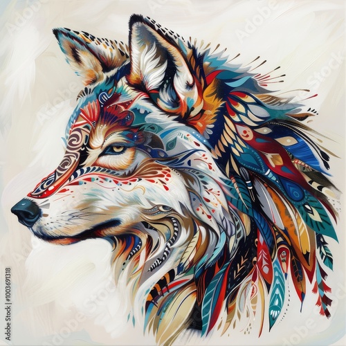 A stunning artistic representation of a wolf adorned with vibrant tribal patterns and intricate details, showcasing a blend of nature and creativity. photo