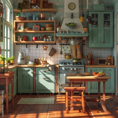 A cute kitchen in green color