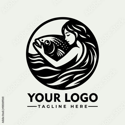 Woman hugging fish vector logo water waves black silhouette Woman lovingly embraces a fish in the water, set against gentle waves in a black silhouette. Suitable for aquaticthemed designs photo