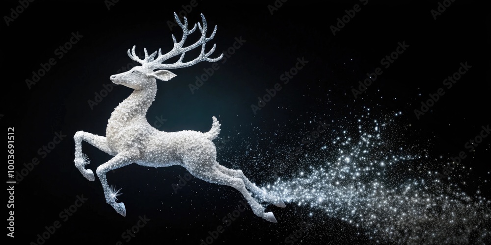 A stunning white reindeer gracefully leaps through a dark background, Merry Christmas and Happy new year A stunning white reindeer gracefully leaps through a dark background, Merry Christmas and Happy new year
