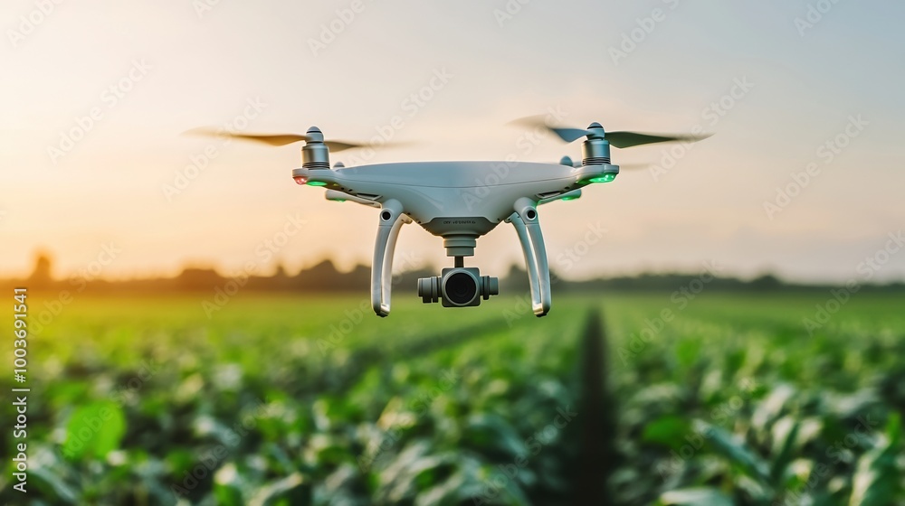 Drone flying above green field at sunset, showcasing agricultural innovation. Drone flying above green field at sunset, showcasing agricultural innovation.
