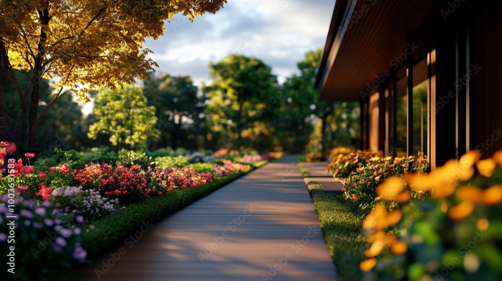 Fototapeta premium Beautiful garden path surrounded by colorful flowers and trees on a sunny day.