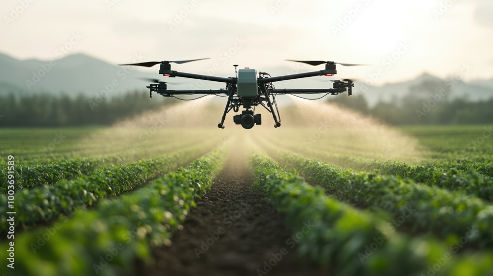 Drone spraying pesticides over a lush green field with mountains in the background. Drone spraying pesticides over a lush green field with mountains in the background.