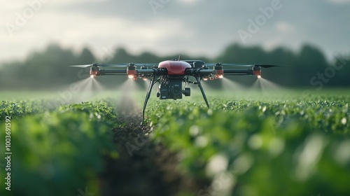 Drone spraying crops in a green field, focused on agricultural innovation.