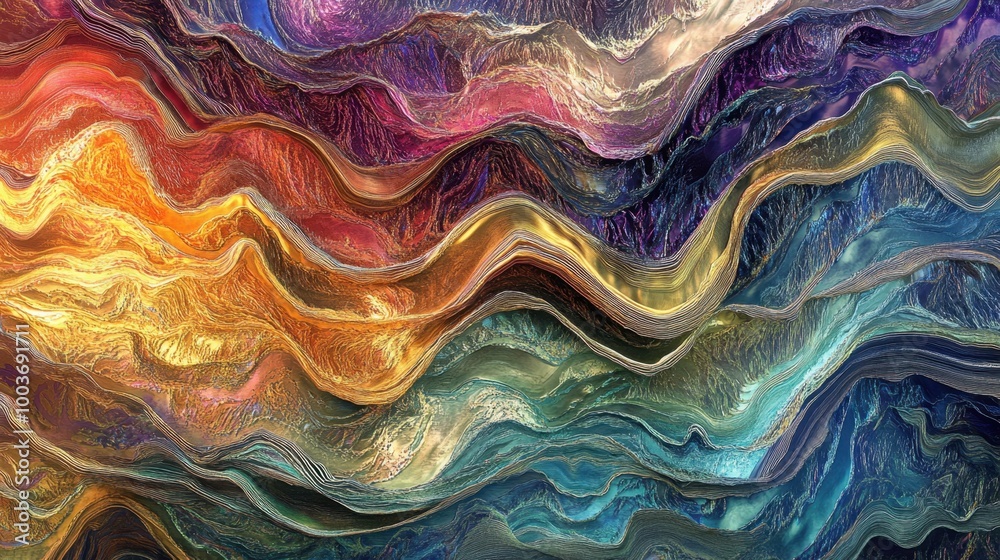 Naklejka premium Abstract metallic waves with iridescent colors reflecting light in a surreal fluid motion evoking a sense of flowing energy