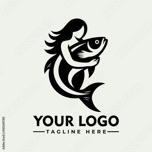 Woman hugging fish vector logo water waves black silhouette Woman lovingly embraces a fish in the water, set against gentle waves in a black silhouette. Suitable for aquaticthemed designs photo