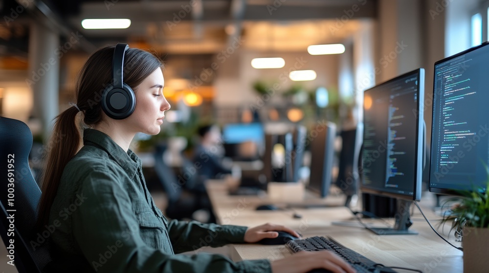 Focused woman in headphones working on a computer in a modern office environment. Focused woman in headphones working on a computer in a modern office environment.