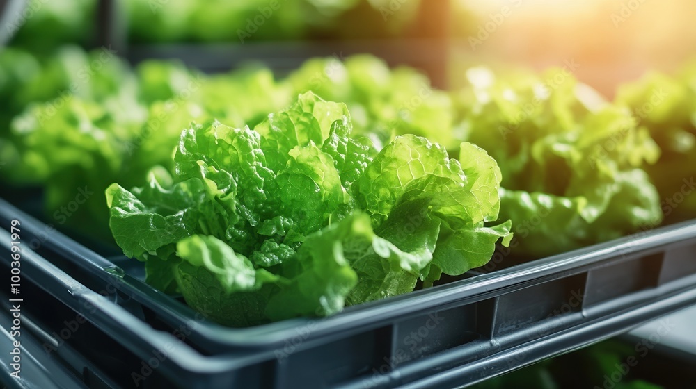 Fresh green lettuce growing in a plastic tray, illuminated by soft natural light. Fresh green lettuce growing in a plastic tray, illuminated by soft natural light.