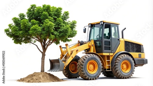 Wheel loader with tree transplanter isolated on white landscaping tool fisheye photo