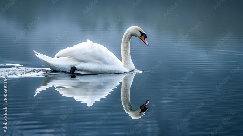 Naklejka premium A majestic swan elegantly moves through peaceful waters, surrounded by serene nature and tranquility.