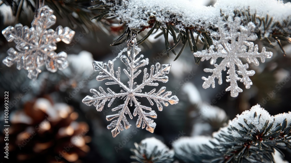 Delicate snowflakes on evergreen branches create a serene winter scene, perfect for holiday-themed designs and seasonal decorations.