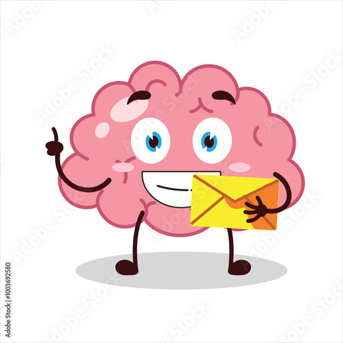Cute happy expression of brain bring envelope letter cartoon character