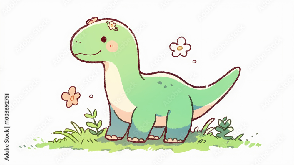 Naklejka premium Cute Green Dinosaur with Flower Crown - Fantasy Animal Illustration