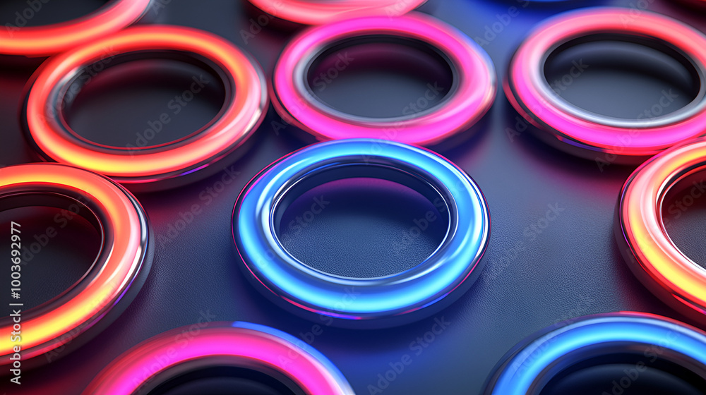 Colorful neon rings illuminated in a dynamic arrangement on a dark surface, showcasing vibrant colors and modern design aesthetics during nighttime Colorful neon rings illuminated in a dynamic arrangement on a dark surface, showcasing vibrant colors and modern design aesthetics during nighttime