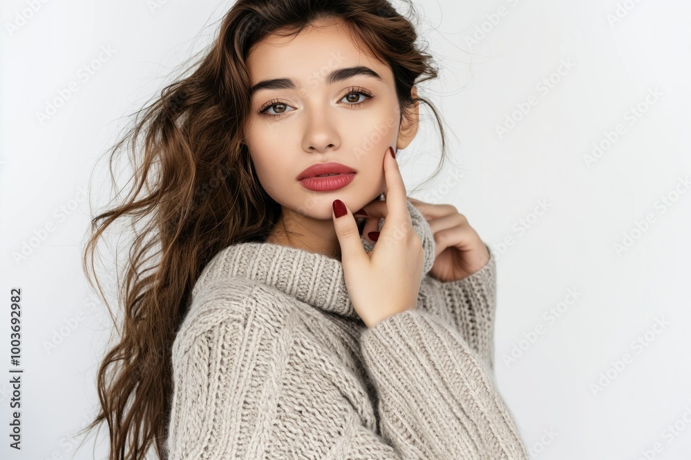 Young brunette woman touches sweater, looks directly at camera. Isolated on white background, casual winter outfit, beautiful caucasian model poses, trendy fashion style, warm, cosy atmosphere, woman Young brunette woman touches sweater, looks directly at camera. Isolated on white background, casual winter outfit, beautiful caucasian model poses, trendy fashion style, warm, cosy atmosphere, woman
