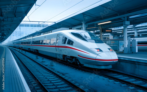 A blurred train in motion at a busy railway station, capturing the essence of fast transportation and the journey of passengers