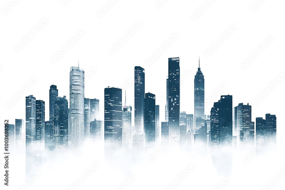 Obraz premium City skyline shrouded in mist, monochrome blue palette