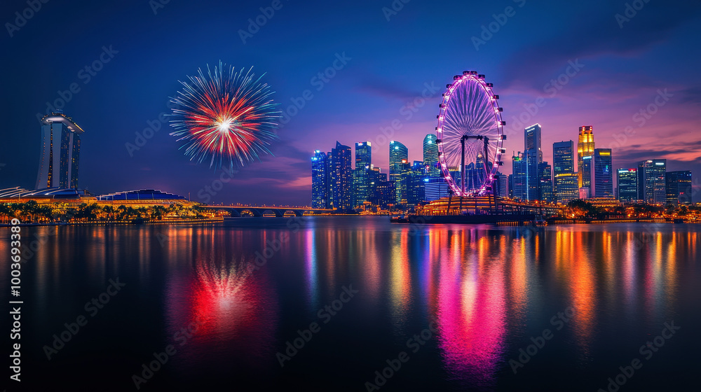 Naklejka premium Vibrant city skyline illuminated by colorful fireworks and reflections over water at night, showcasing celebration and urban beauty.