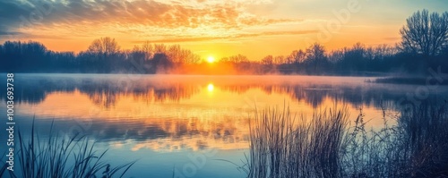 A tranquil sunrise over a calm lake, reflecting vibrant colors and soft clouds, creating a serene and peaceful natural landscape.