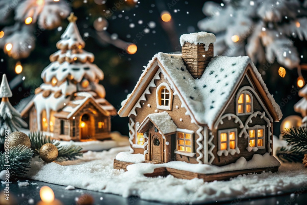 The concept of a home celebration of Christmas or New Year 2025, family traditions. Gingerbread houses with glaze with atmospheric lighting. The concept of a home celebration of Christmas or New Year 2025, family traditions. Gingerbread houses with glaze with atmospheric lighting.