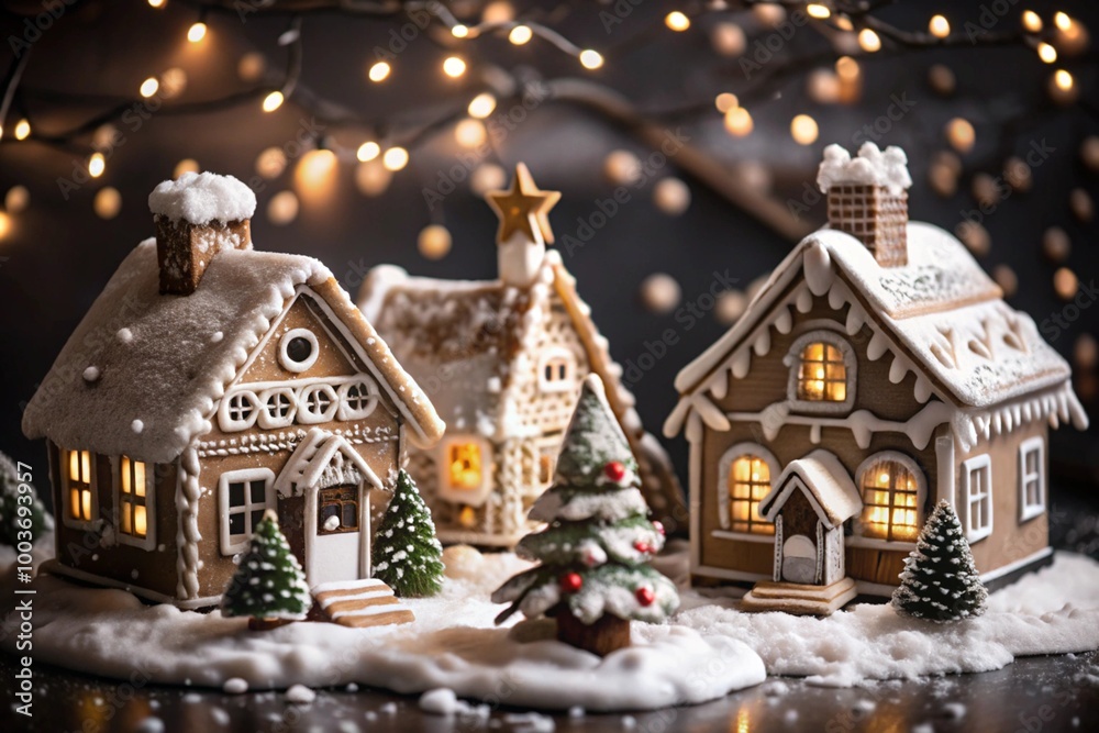 The concept of a home celebration of Christmas or New Year 2025, family traditions. Gingerbread houses with glaze with atmospheric lighting.