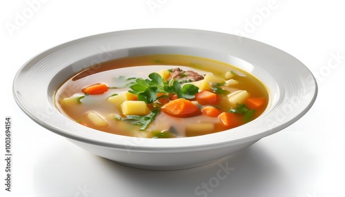 Dish with fresh homemade chicken soup on white background