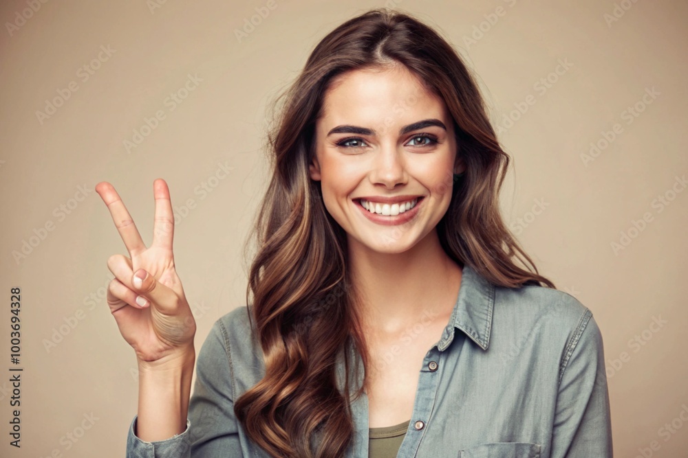 Young smiling cheerful happy woman she wearing red t-shirt casual clothes showing victory sign Young smiling cheerful happy woman she wearing red t-shirt casual clothes showing victory sign