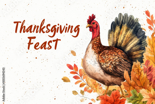 Colorful and artistic illustration of a proud turkey, showcasing its vibrant plumage and unique features. thanksgiving feast text. photo