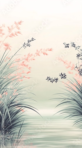 Lush pale pink reeds and light green and light blue grass made of Suzhou embroidery surround the river, light beige background
Lush pale pink reeds and light green and light blue grass made of Suzhou
 photo