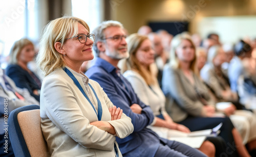 A focused audience enjoying a presentation at a business conference, showcasing engagement and professionalism in a corporate setting.