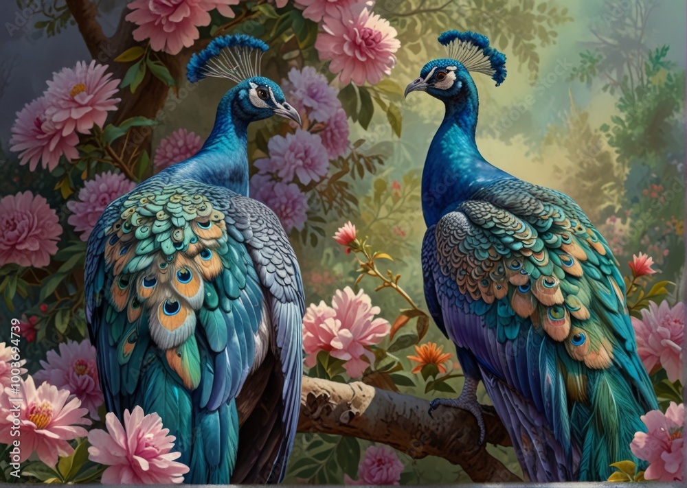 Fototapeta premium illustration of peacocks among flowers