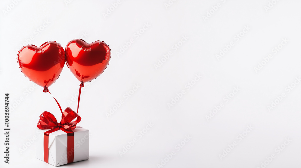 Two red heart shaped balloons and gift box on white background Two red heart shaped balloons and gift box on white background