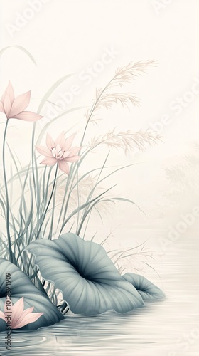 Lush pale pink reeds and light green and light blue grass made of Suzhou embroidery surround the river, light beige background
Lush pale pink reeds and light green and light blue grass made of Suzhou
 photo